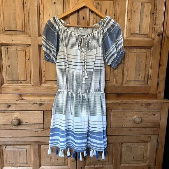 Saylor‎ Size XS Cotton Striped Dress Drop Waist Nautical Tassles Puff Sleeves - Picture 1 of 6